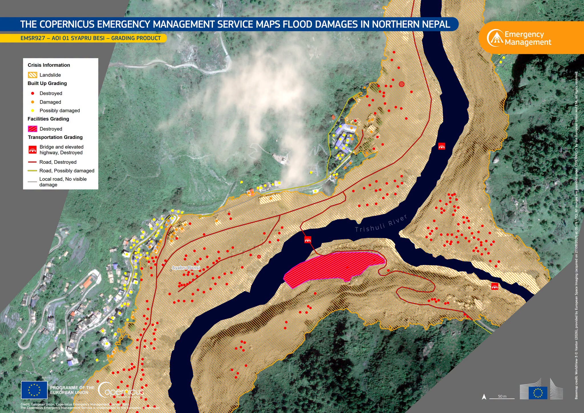 Copernicus Emergency Management Service grading map EMSR927 of Syapru Besi, Nepal, showing destroyed and damaged buildings, destroyed roads and bridges, and landslide extent along the Trishuli river