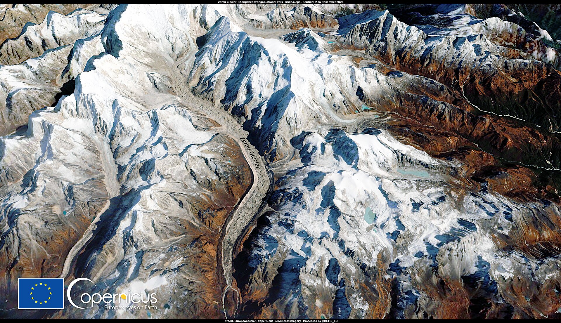 Copernicus Sentinel-2 satellite view of the Zemu Glacier in the Himalaya, showing the glacier tongue, surrounding snowfields and turquoise glacial lakes